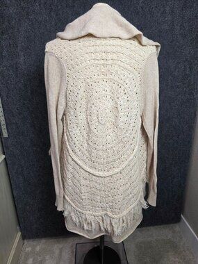 Knitted & Knotted Beige Crochet Back Sweater Cardigan Fringe Trim Womens M